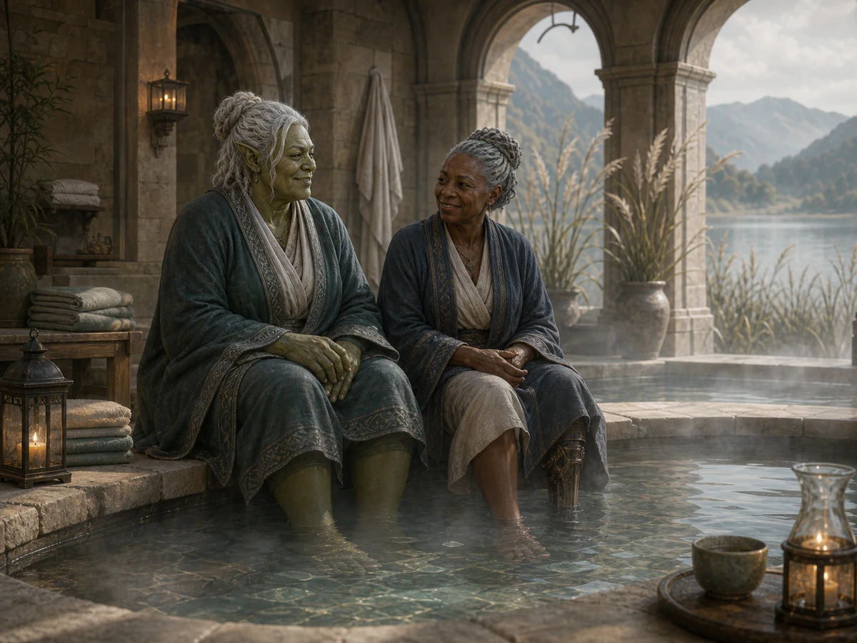 An older orc and human resident relaxing at Stillwater Baths