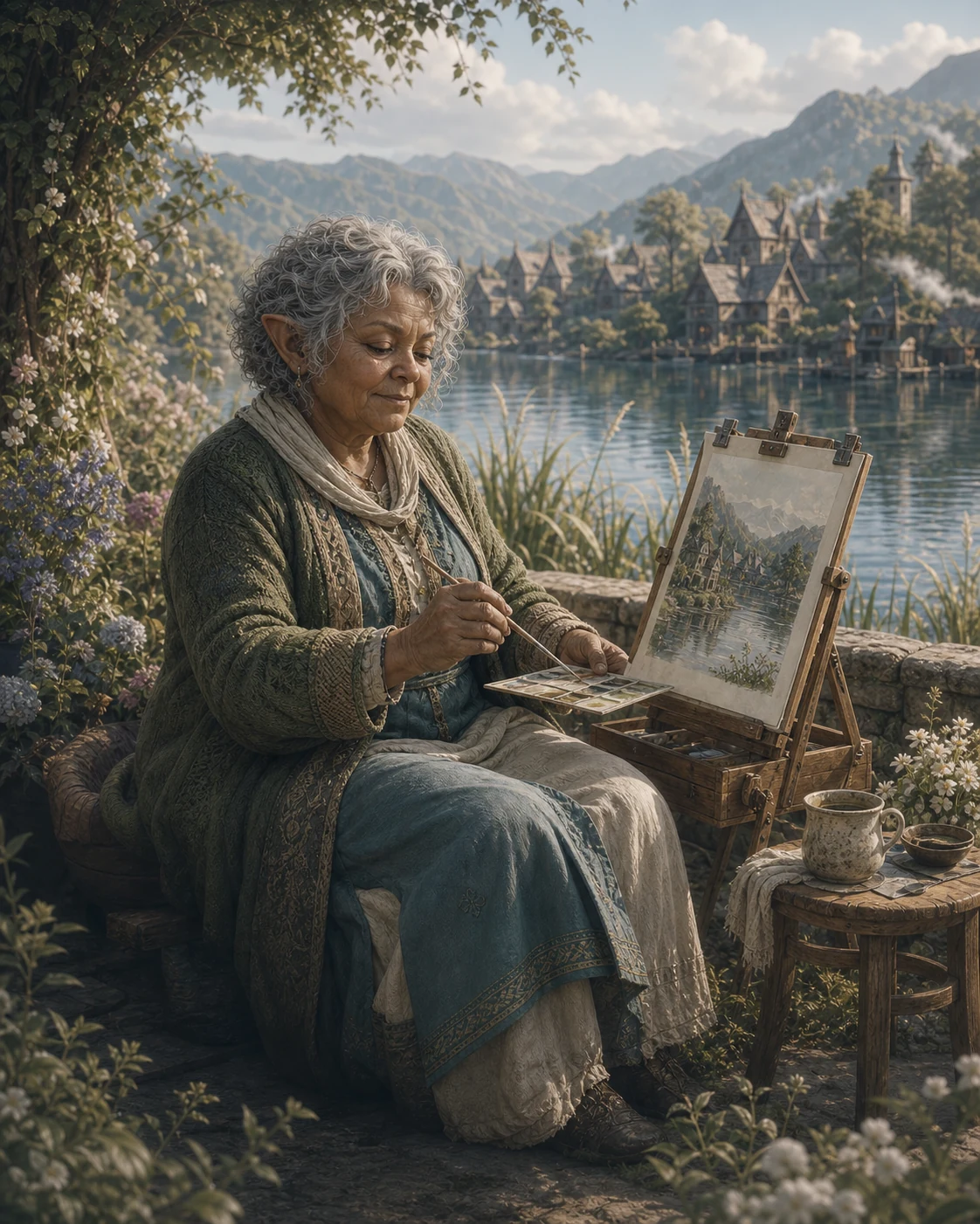 An elderly halfling resident painting beside Lake Aster