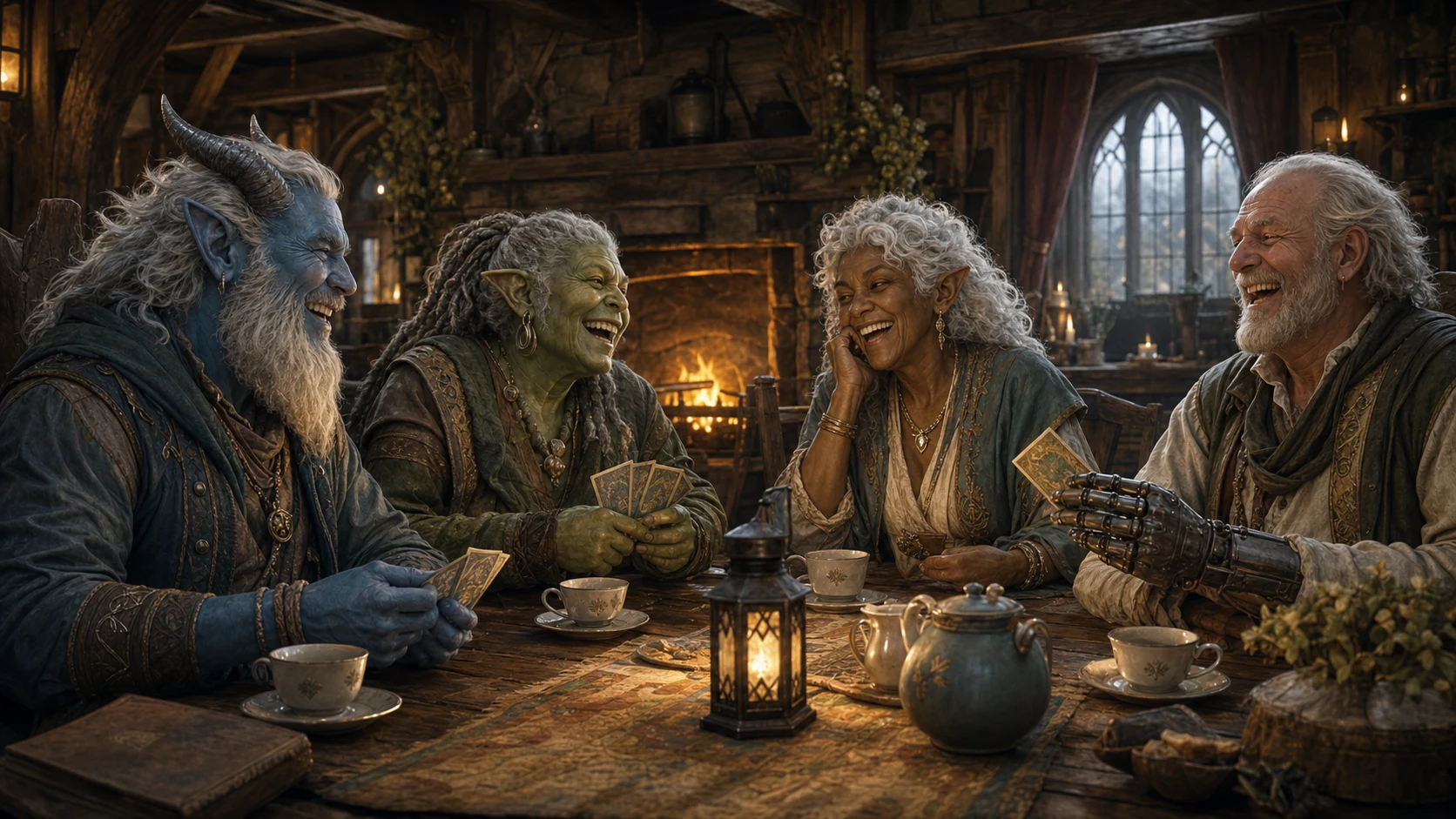Older adventurers laughing over cards beside a warm hearth