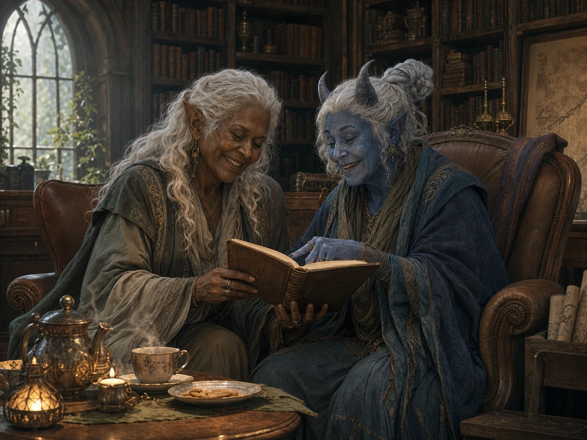 Two older friends reading together in Wayfarer Library
