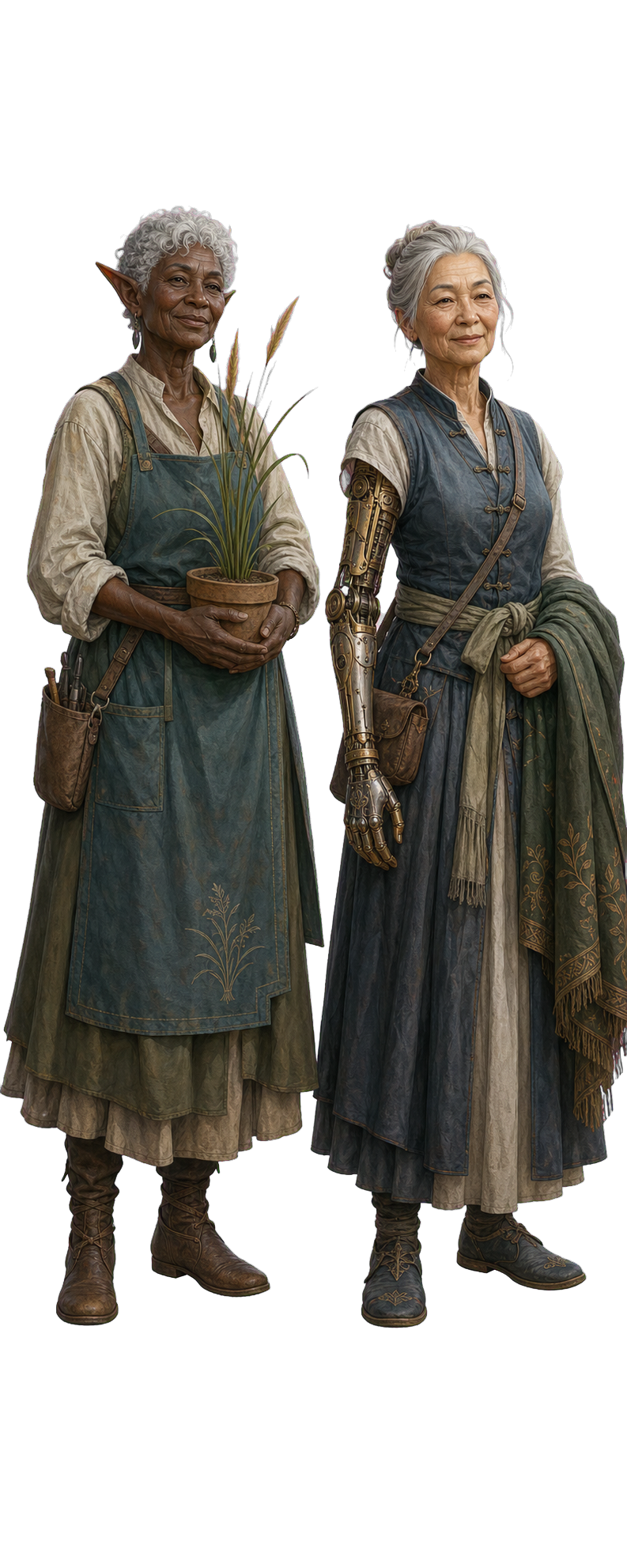 An elderly elf gardener and human resident with a clockwork arm
