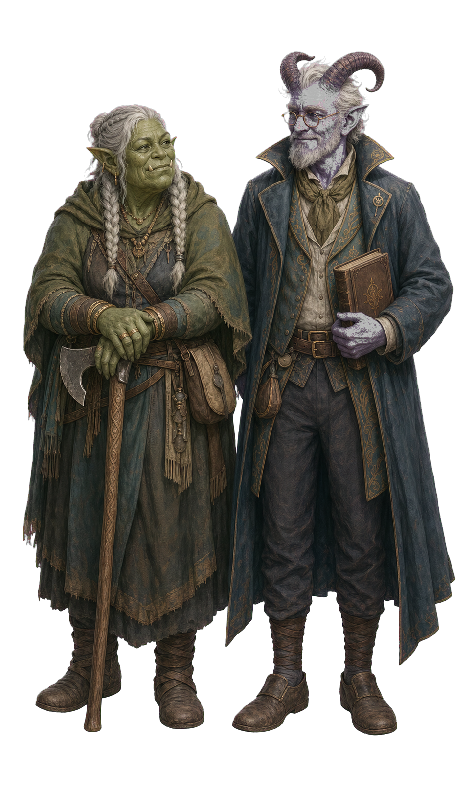 An elderly orc woman and tiefling man standing together