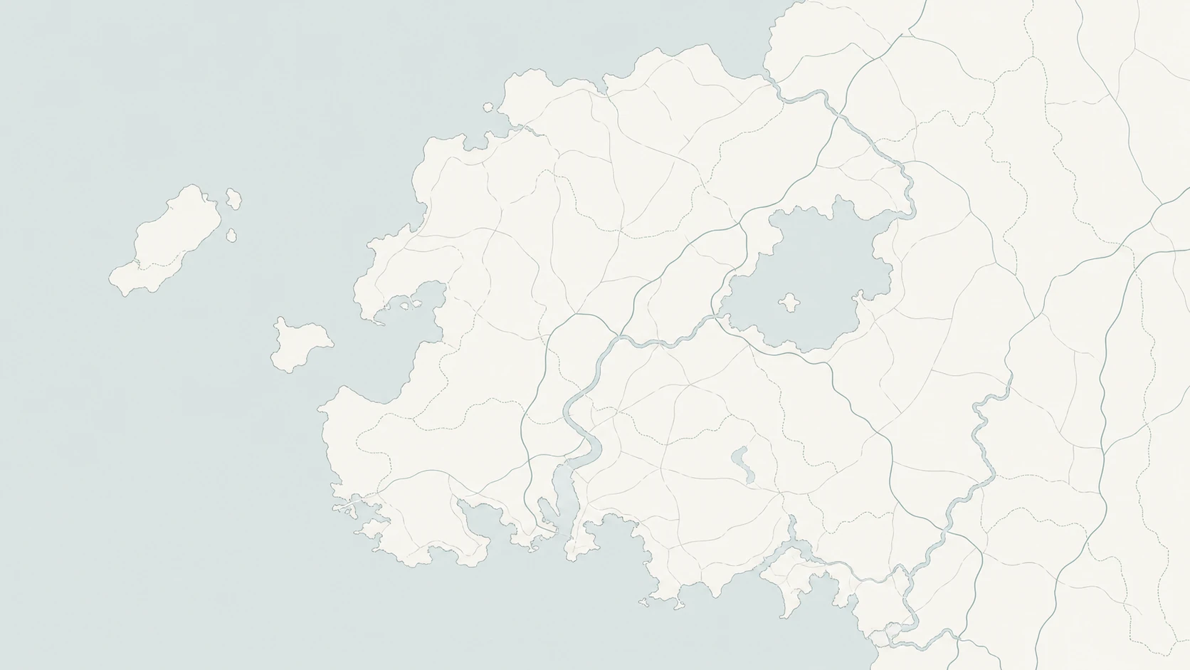 Flat regional map showing the coast, roads, rivers and Lake Aster around Stillwater Vale
