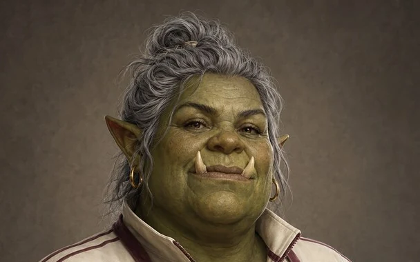 Auntie Brunna, an older green-skinned orc woman with silver hair