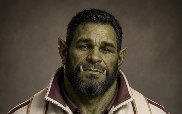 Brother Hollis Vale, a green-skinned orc with dark hair and a short beard
