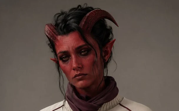 Nessa Quill, a red-skinned tiefling woman with swept horns and dark hair