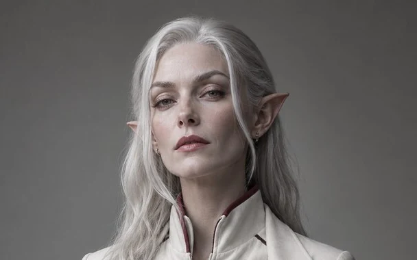 Dr. Sylvaine Vey, a silver-haired elf in a cream clinical uniform
